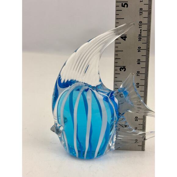 Handblown Art Glass Angelfish Paperweight – Blue & White Striped Figurine - Picture 2 of 16